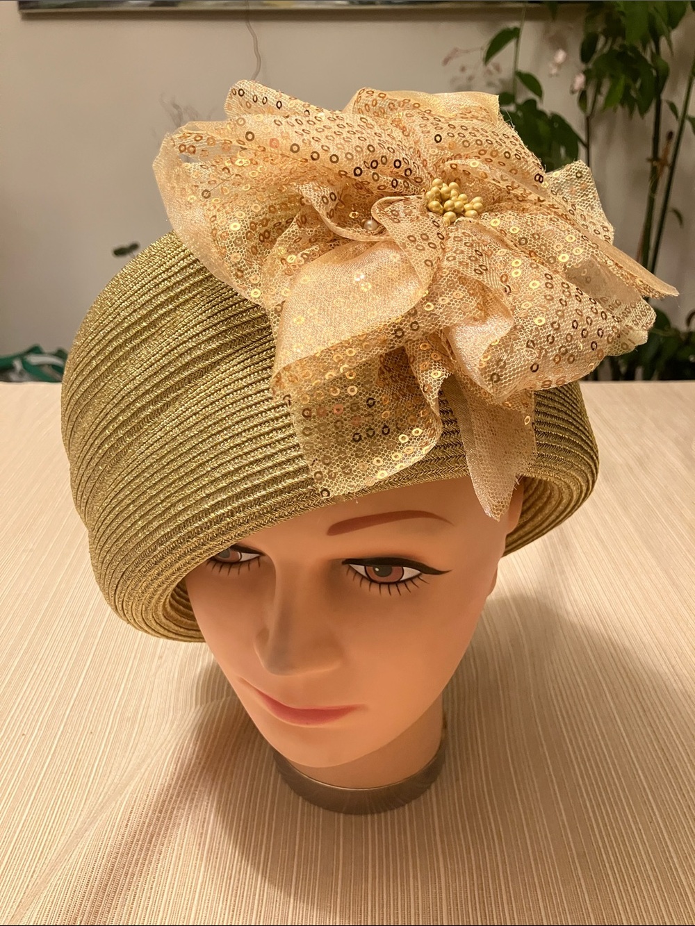 Elegant Metallic Gold Women's Cloche Hat With Gold Sequined Floral Accent